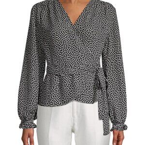Max Studio Polka Dot Print Long Sleeve Wrap Top Side Tie Belt Blouse Black White